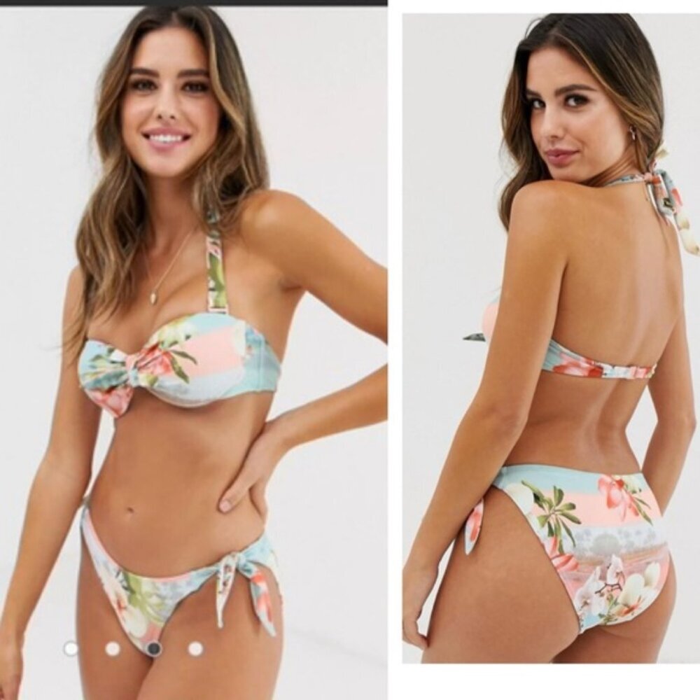 Ted Baker Mint Choc Chip Print Bikini Top Bathingsuit Floral Beach Rose Gold Tie